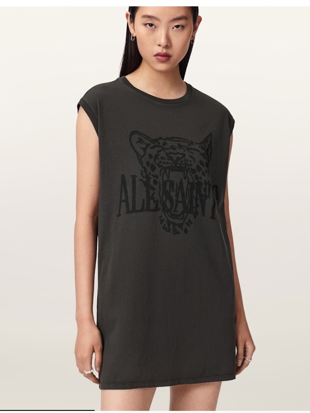AllSaints Wild Brooke Washed Grey Tiger Mini T-Shirt Dress M NWT